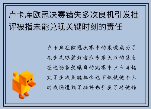 卢卡库欧冠决赛错失多次良机引发批评被指未能兑现关键时刻的责任