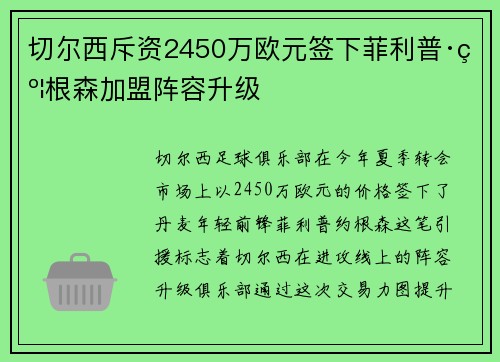 切尔西斥资2450万欧元签下菲利普·约根森加盟阵容升级