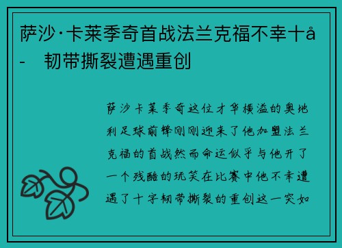 萨沙·卡莱季奇首战法兰克福不幸十字韧带撕裂遭遇重创 萨沙·卡莱季奇首战法兰克福不幸十字韧带撕裂遭遇重创